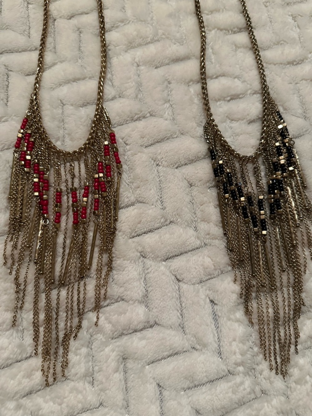 Boho Fringe Bib Necklaces with Gold & Red Beading and Gold & Black Beading